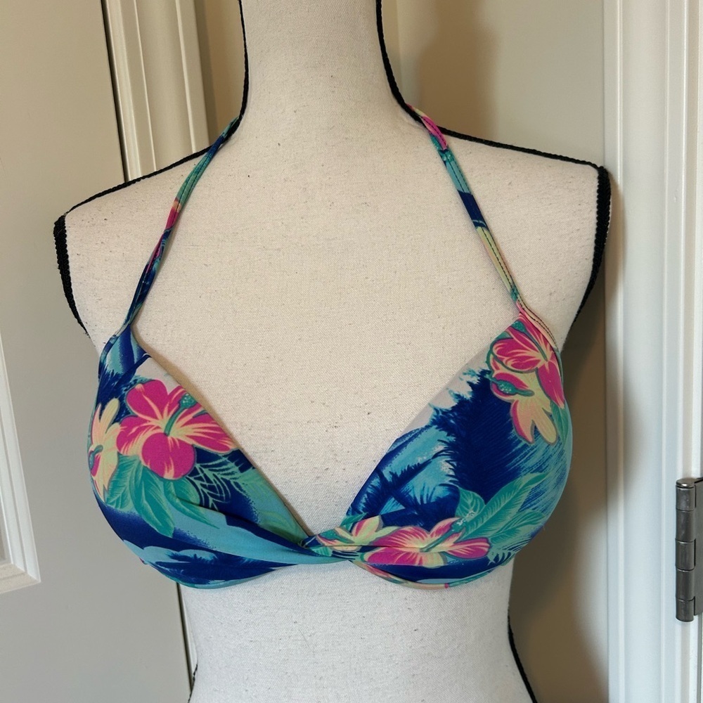 Vintage Vibrant 80s Floral Halter Bikini Top pushup